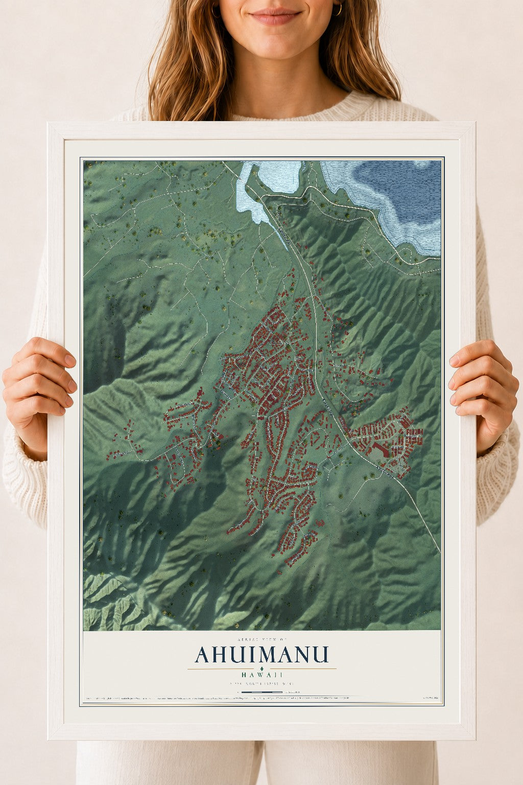 Map of Ahuimanu, Hawaii, 18 x 24 inch print in a white wood frame