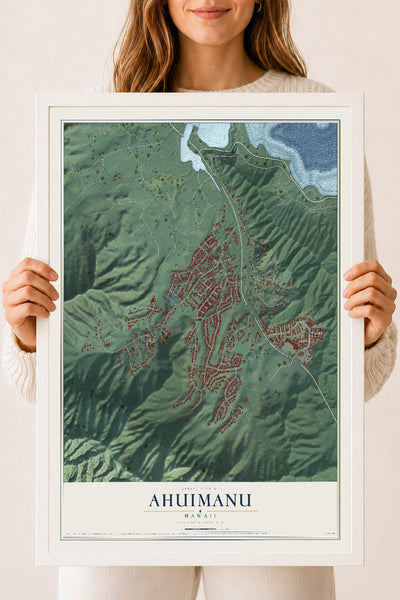 Map of Ahuimanu, Hawaii, 18 x 24 inch print in a white wood frame