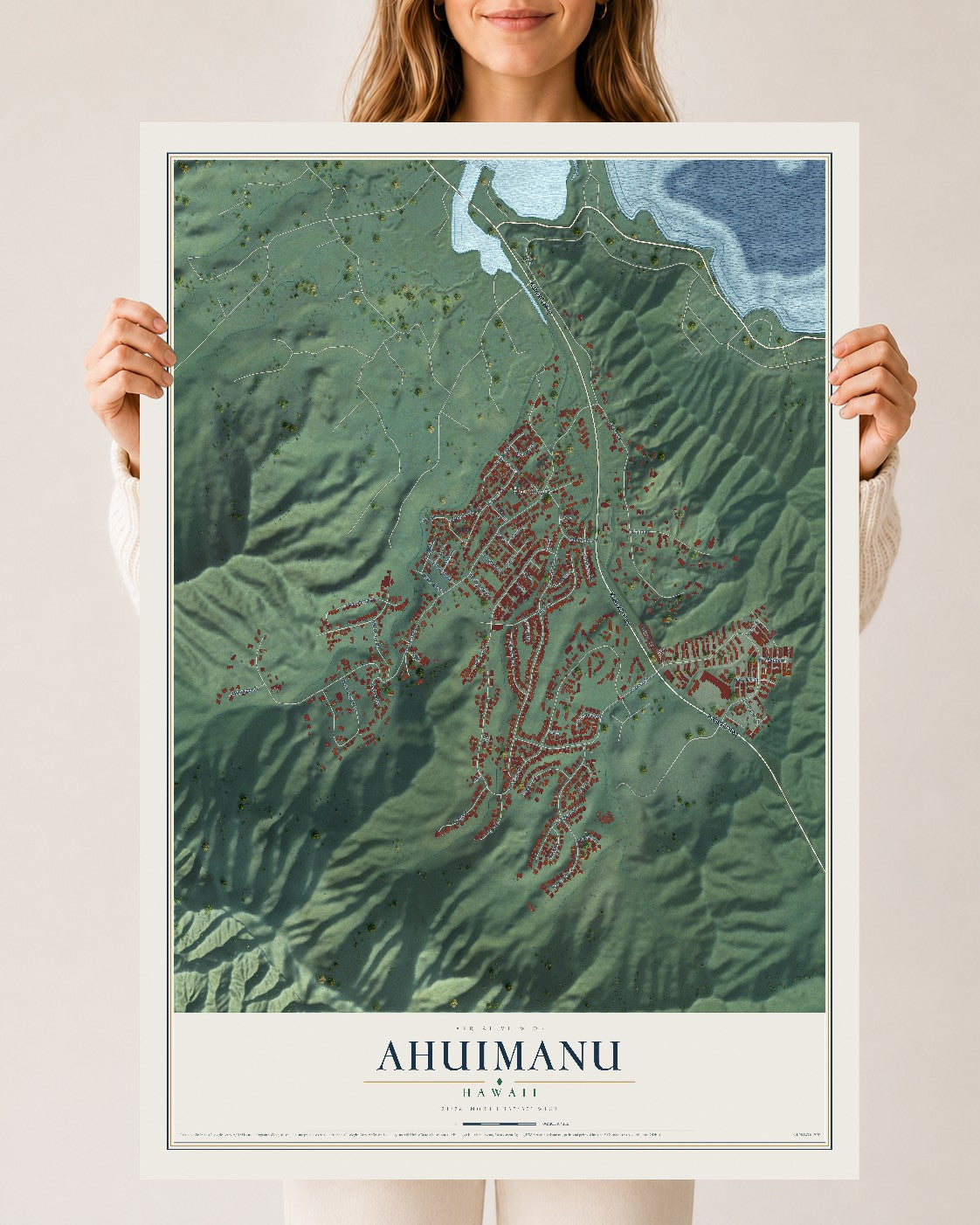 Map of Ahuimanu, Hawaii, 24 x 36 inch unframed archival matte print
