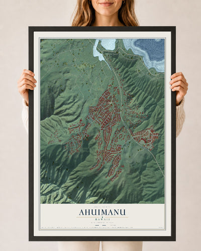 Map of Ahuimanu, Hawaii, 24 x 36 inch print in a black wood frame