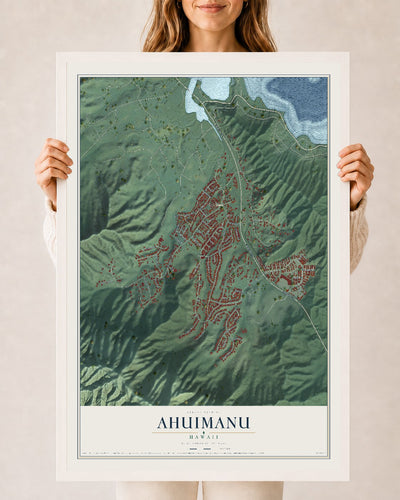 Map of Ahuimanu, Hawaii, 24 x 36 inch print in a white wood frame