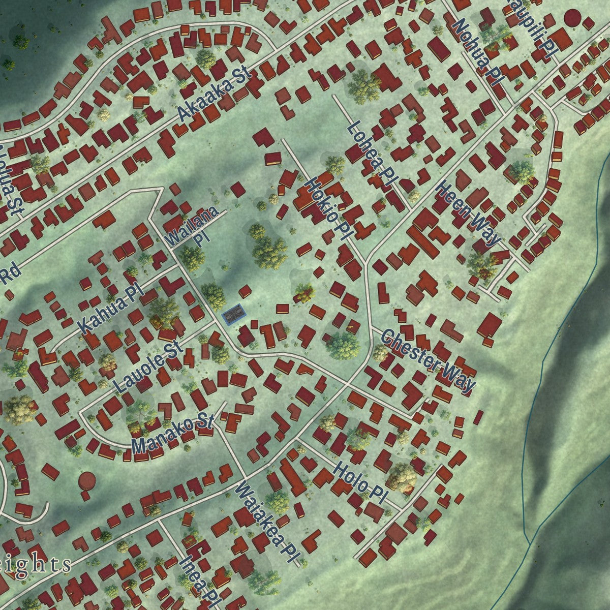 Close-up of the map of Aiea, Hawaii print showing street and building detail