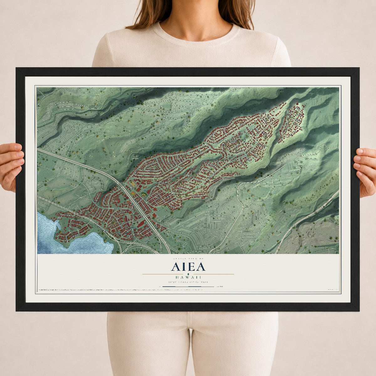 Map of Aiea, Hawaii, 18 x 24 inch print in a black wood frame