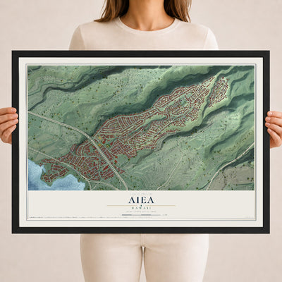 Map of Aiea, Hawaii, 18 x 24 inch print in a black wood frame