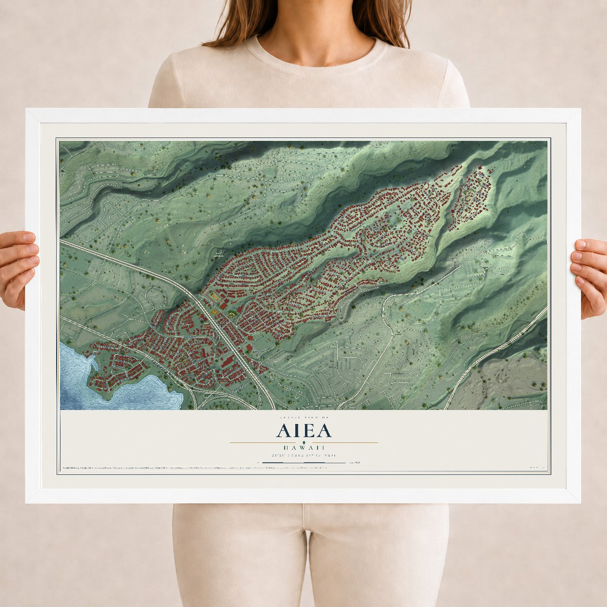 Map of Aiea, Hawaii, 18 x 24 inch print in a white wood frame