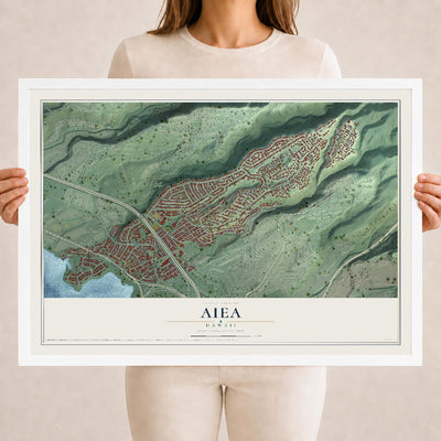 Map of Aiea, Hawaii, 18 x 24 inch print in a white wood frame