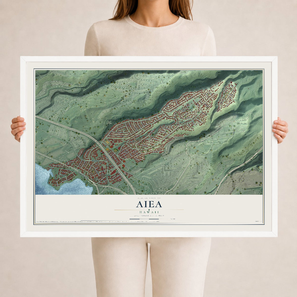 Map of Aiea, Hawaii, 24 x 36 inch print in a white wood frame
