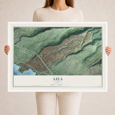 Map of Aiea, Hawaii, 24 x 36 inch print in a white wood frame