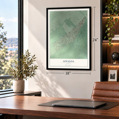 Ainaloa, Hawaii map, 18 x 24 inch print in a black frame in a home office