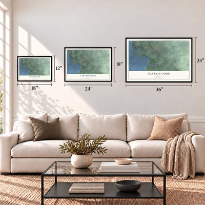 Captain Cook, Hawaii map in 12 x 18, 18 x 24 and 24 x 36 inch sizes above a sofa