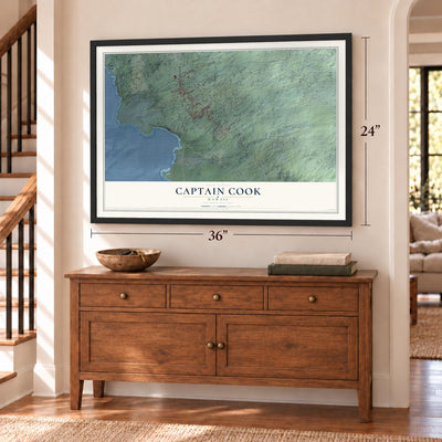 Captain Cook, Hawaii map, 24 x 36 inch print in a black frame above a dresser by a staircase