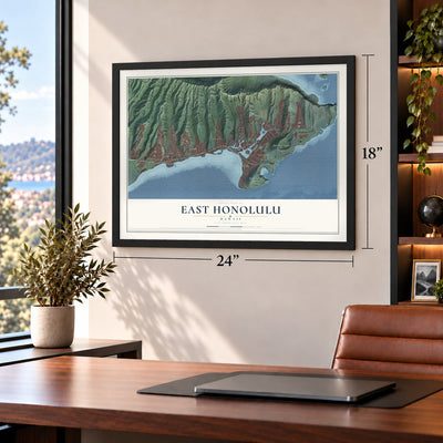 East Honolulu, Hawaii map, 18 x 24 inch print in a black frame in a home office