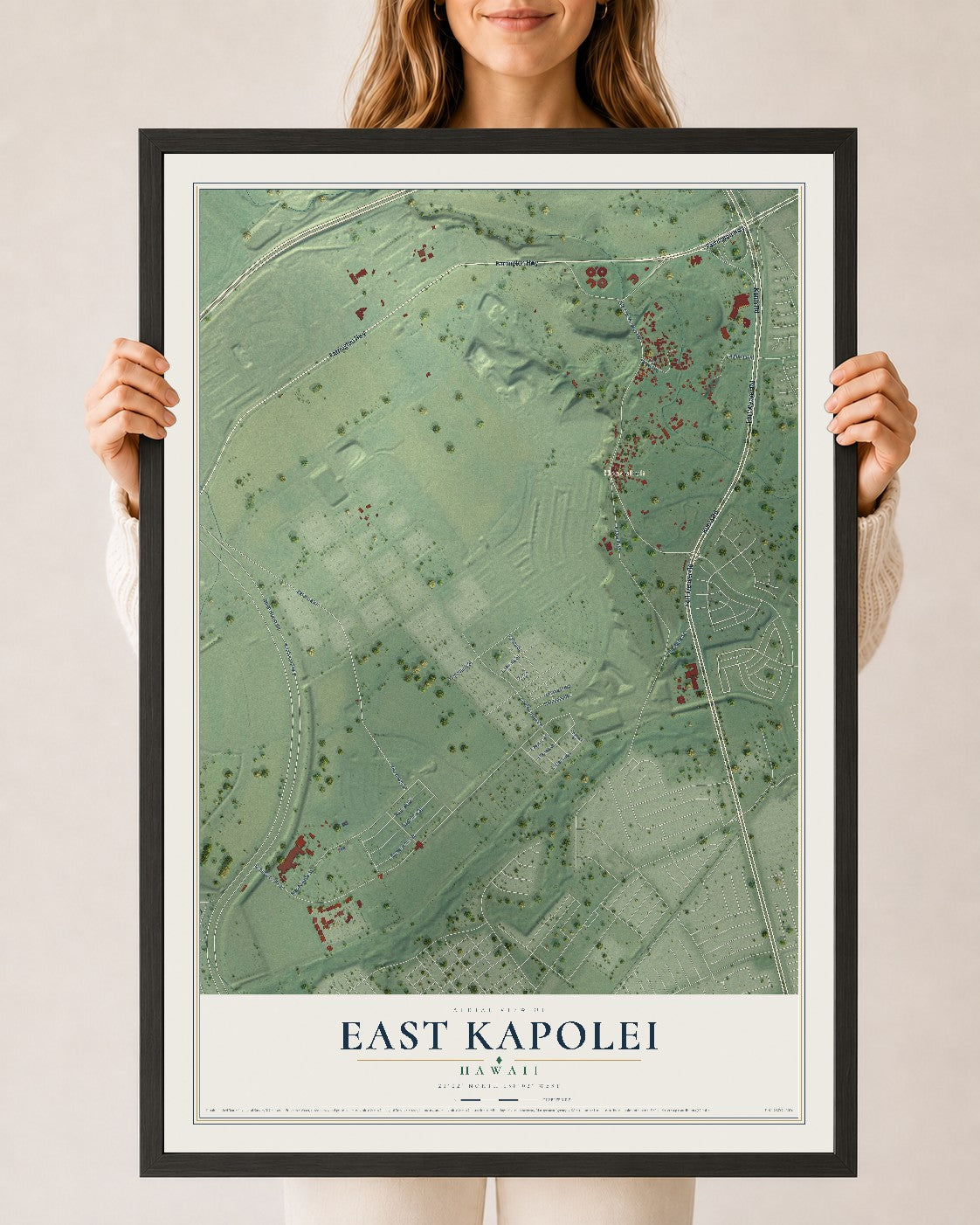 Map of East Kapolei, Hawaii, 24 x 36 inch print in a black wood frame