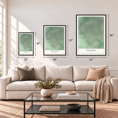 Eden Roc, Hawaii map in 12 x 18, 18 x 24 and 24 x 36 inch sizes above a sofa
