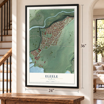 Eleele, Hawaii map, 24 x 36 inch print in a black frame by a staircase