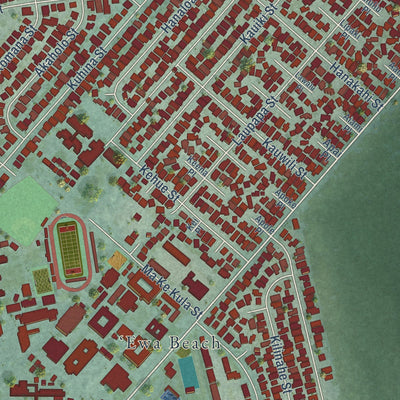 Close-up of the map of Ewa Beach, Hawaii print showing street and building detail