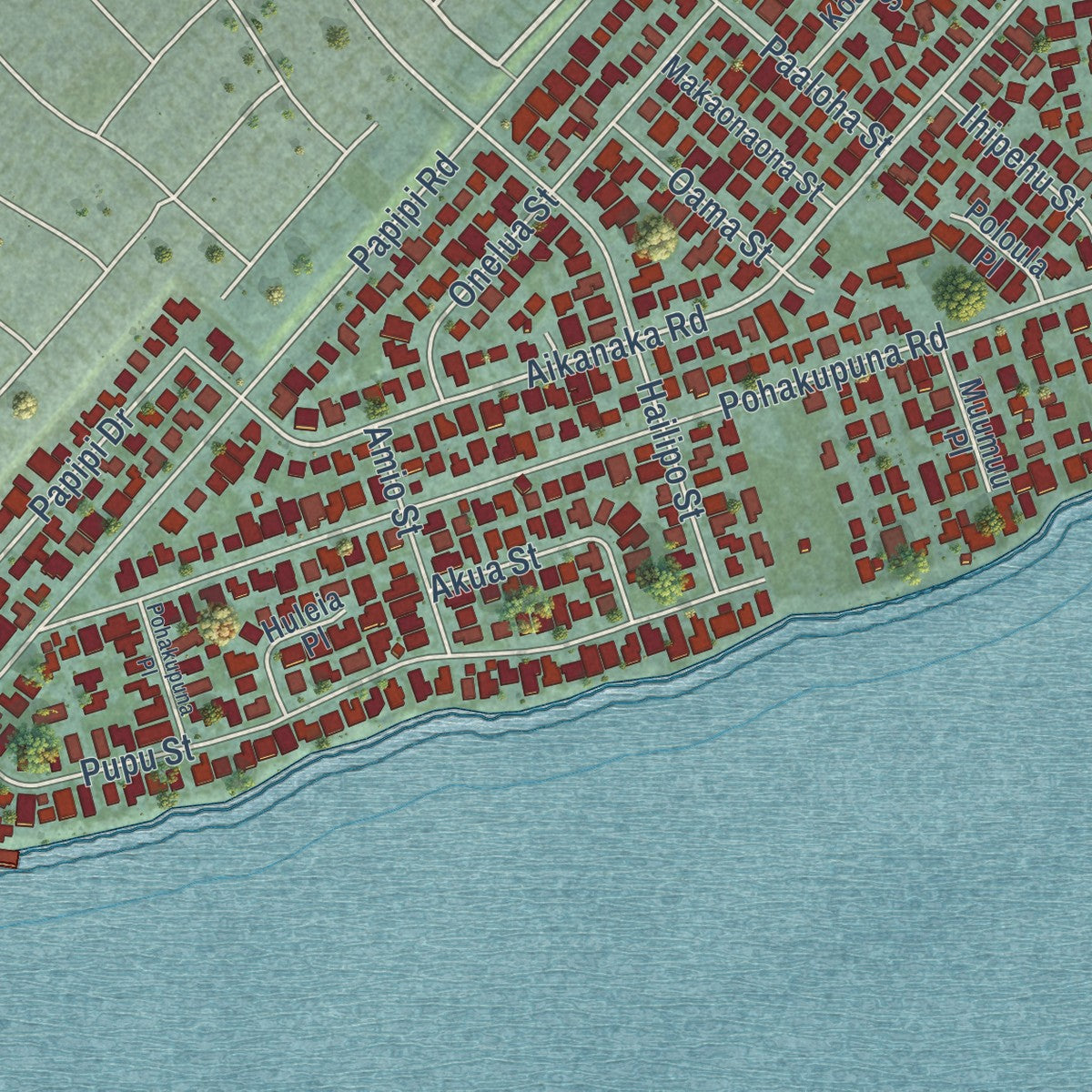 Second close-up of the map of Ewa Beach, Hawaii print showing more streets and buildings