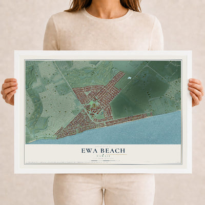 Map of Ewa Beach, Hawaii, 12 x 18 inch print in a white wood frame