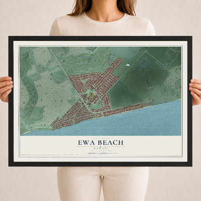 Map of Ewa Beach, Hawaii, 18 x 24 inch print in a black wood frame