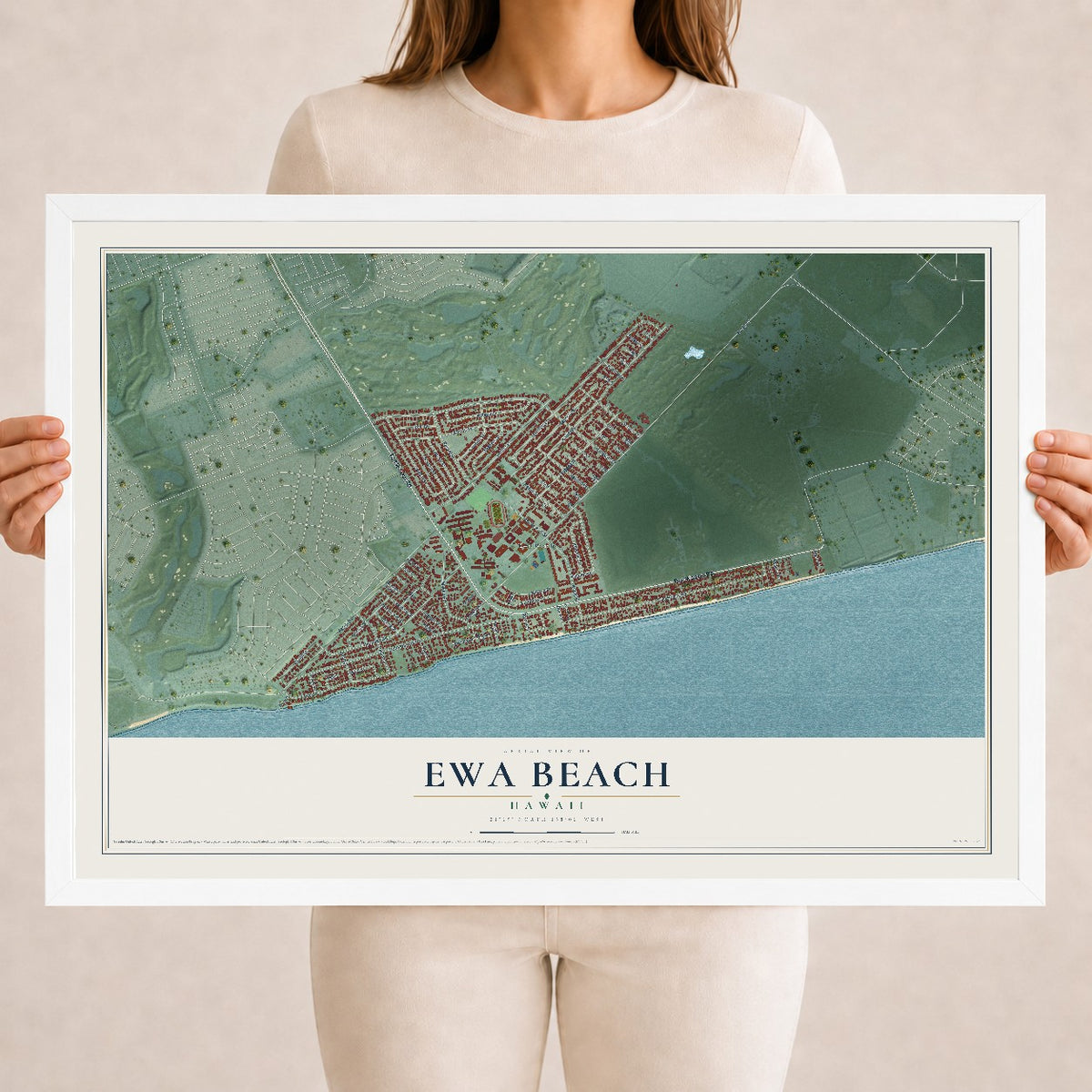 Map of Ewa Beach, Hawaii, 18 x 24 inch print in a white wood frame