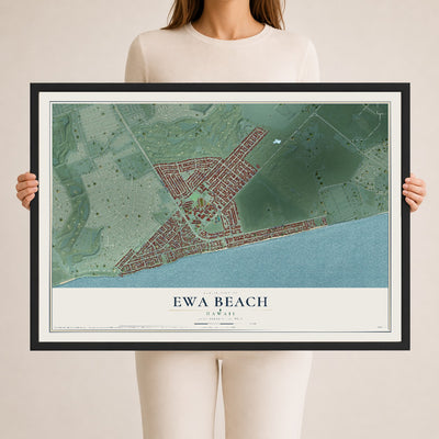 Map of Ewa Beach, Hawaii, 24 x 36 inch print in a black wood frame