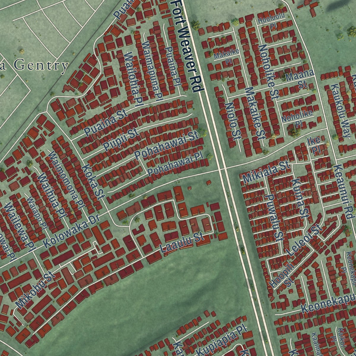 Close-up of the map of Ewa Gentry, Hawaii print showing street and building detail