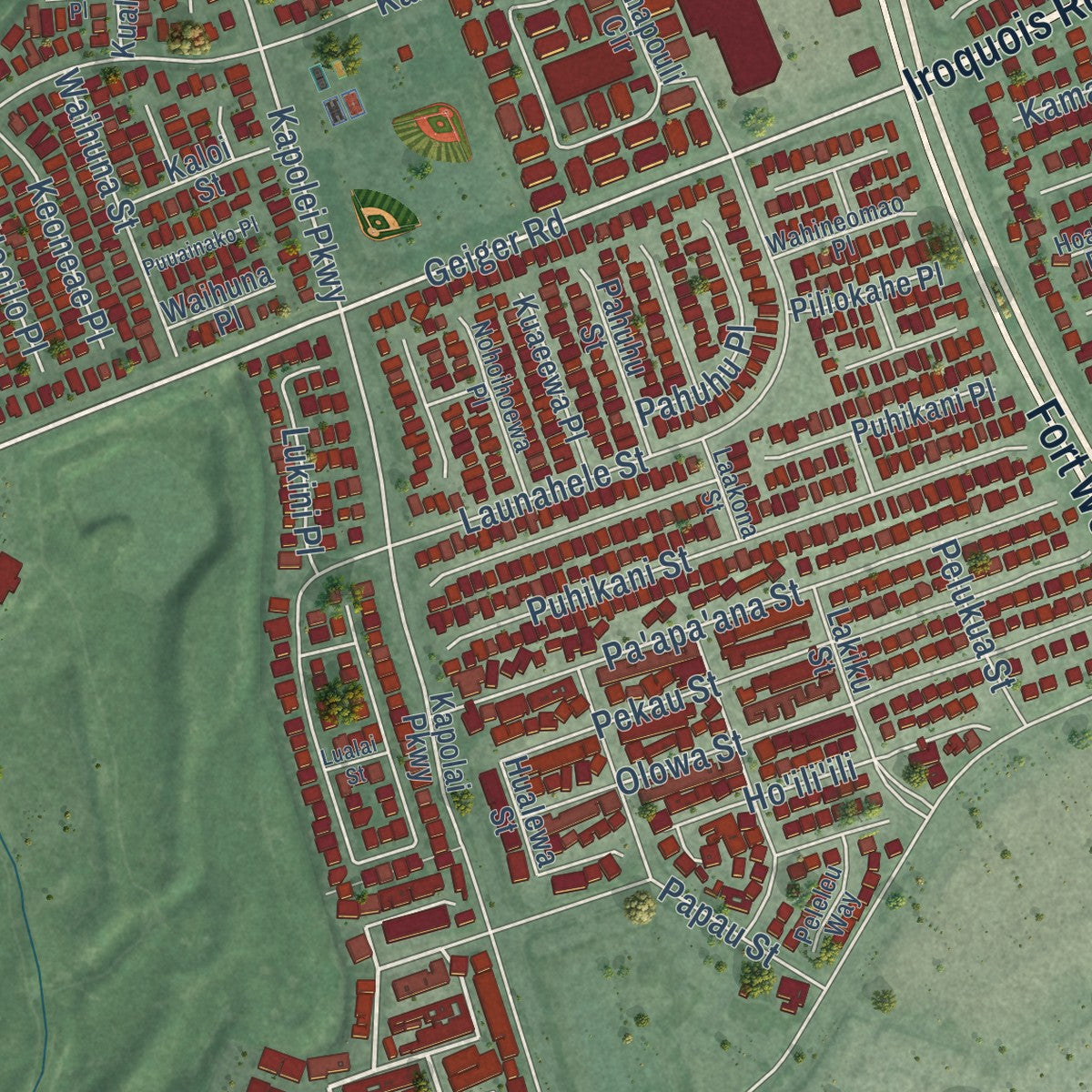 Second close-up of the map of Ewa Gentry, Hawaii print showing more streets and buildings