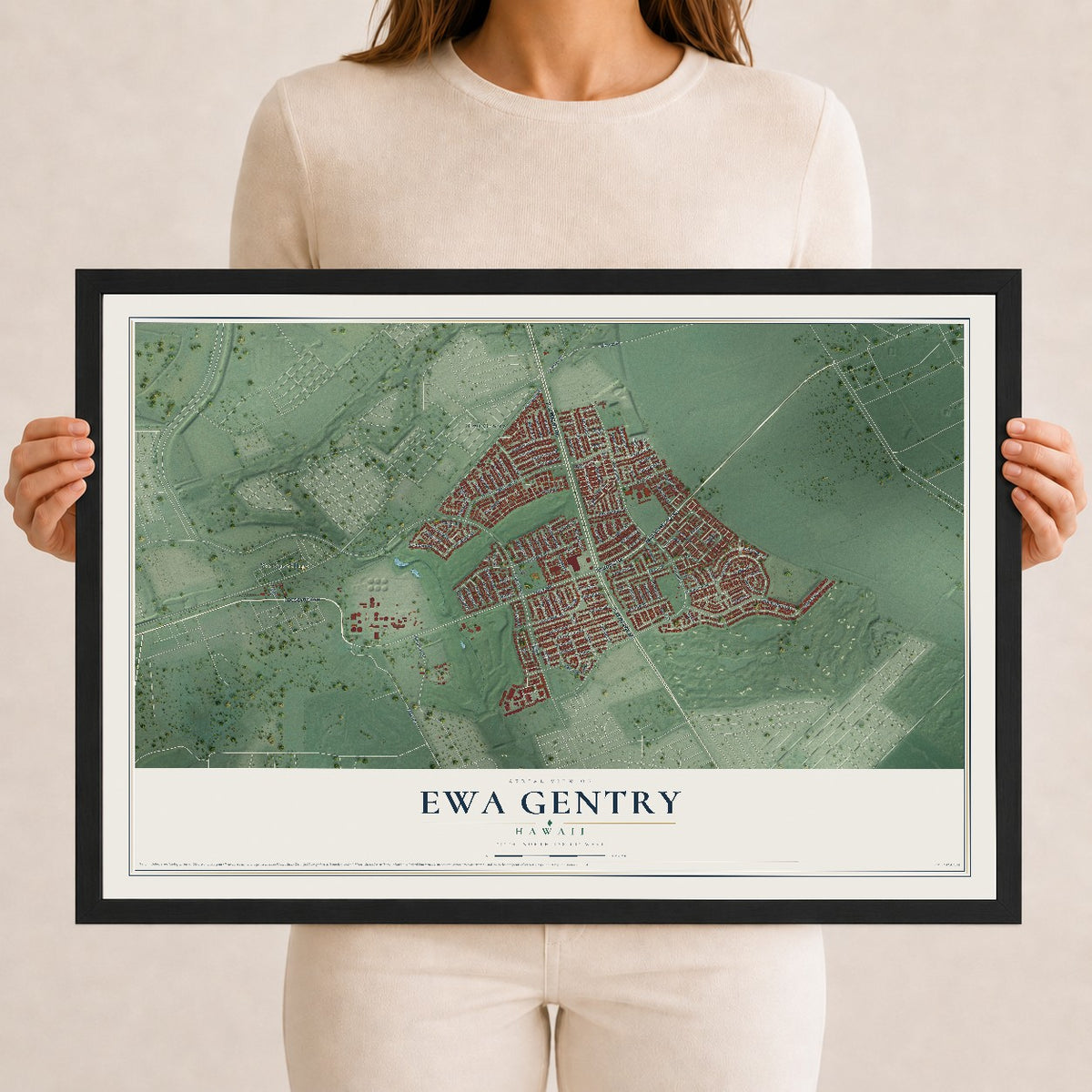Map of Ewa Gentry, Hawaii, 12 x 18 inch print in a black wood frame