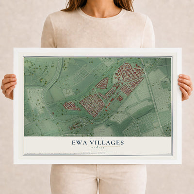 Map of Ewa Villages, Hawaii, 12 x 18 inch print in a white wood frame