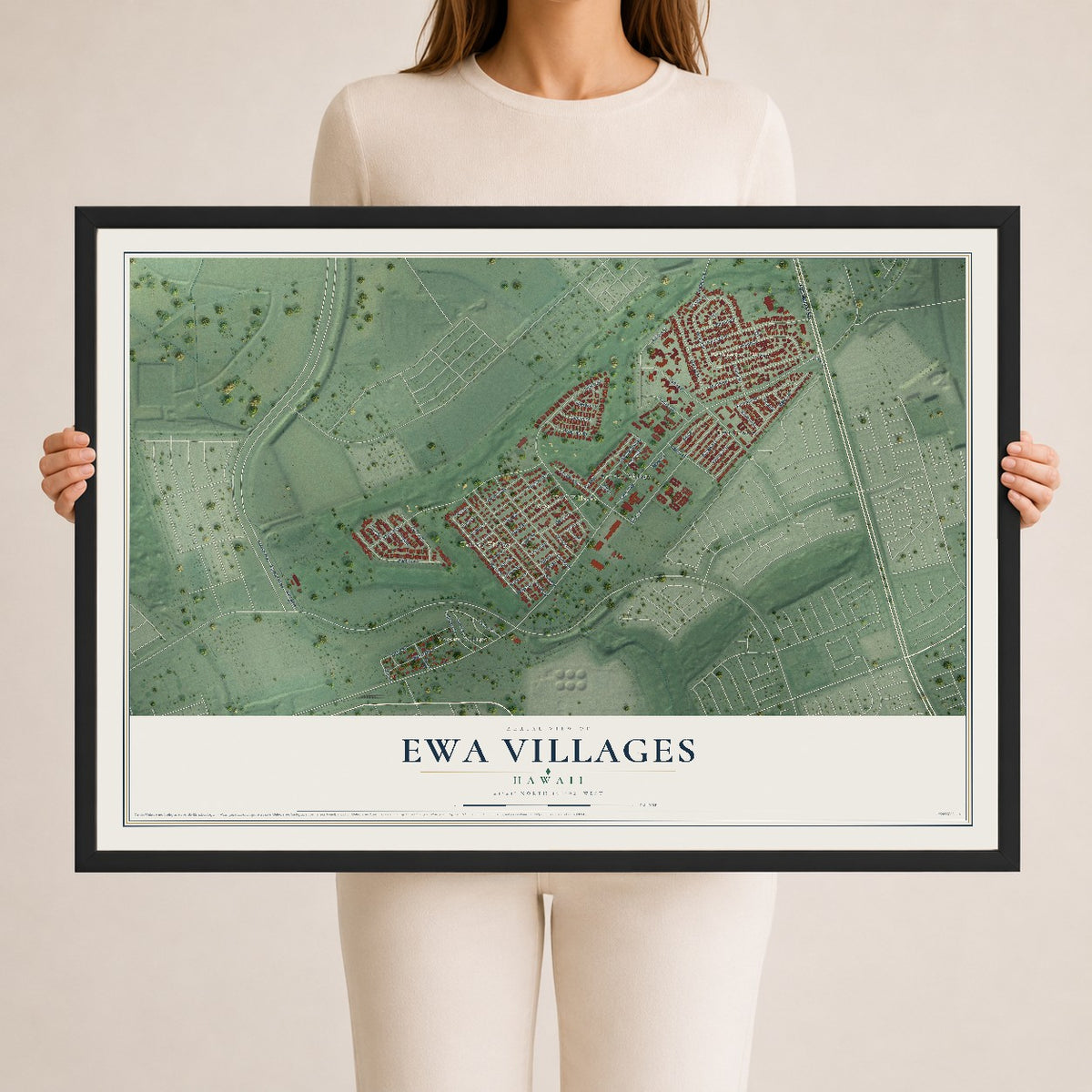 Map of Ewa Villages, Hawaii, 24 x 36 inch print in a black wood frame