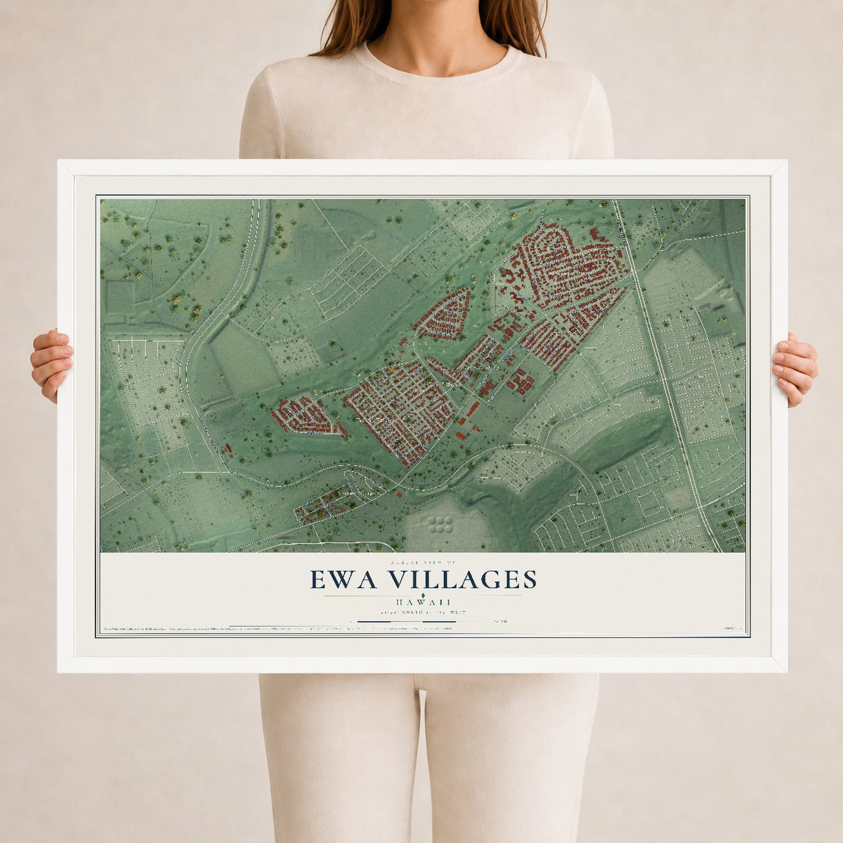 Map of Ewa Villages, Hawaii, 24 x 36 inch print in a white wood frame