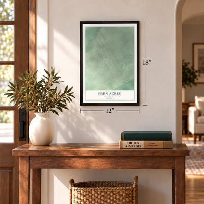 Fern Acres, Hawaii map, 12 x 18 inch print in a black frame in an entryway