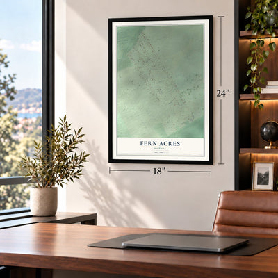 Fern Acres, Hawaii map, 18 x 24 inch print in a black frame in a home office