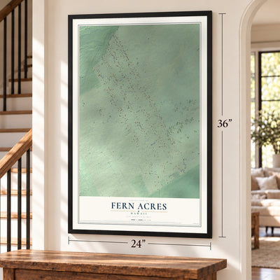 Fern Acres, Hawaii map, 24 x 36 inch print in a black frame by a staircase