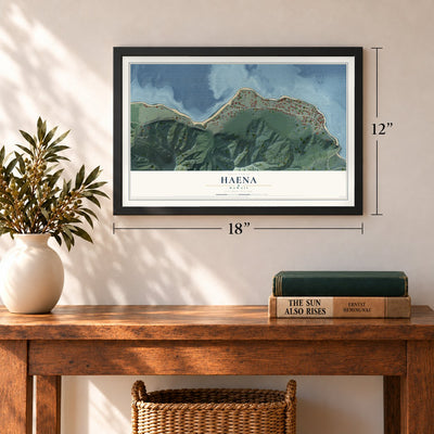 Haena, Hawaii map, 12 x 18 inch print in a black frame in an entryway