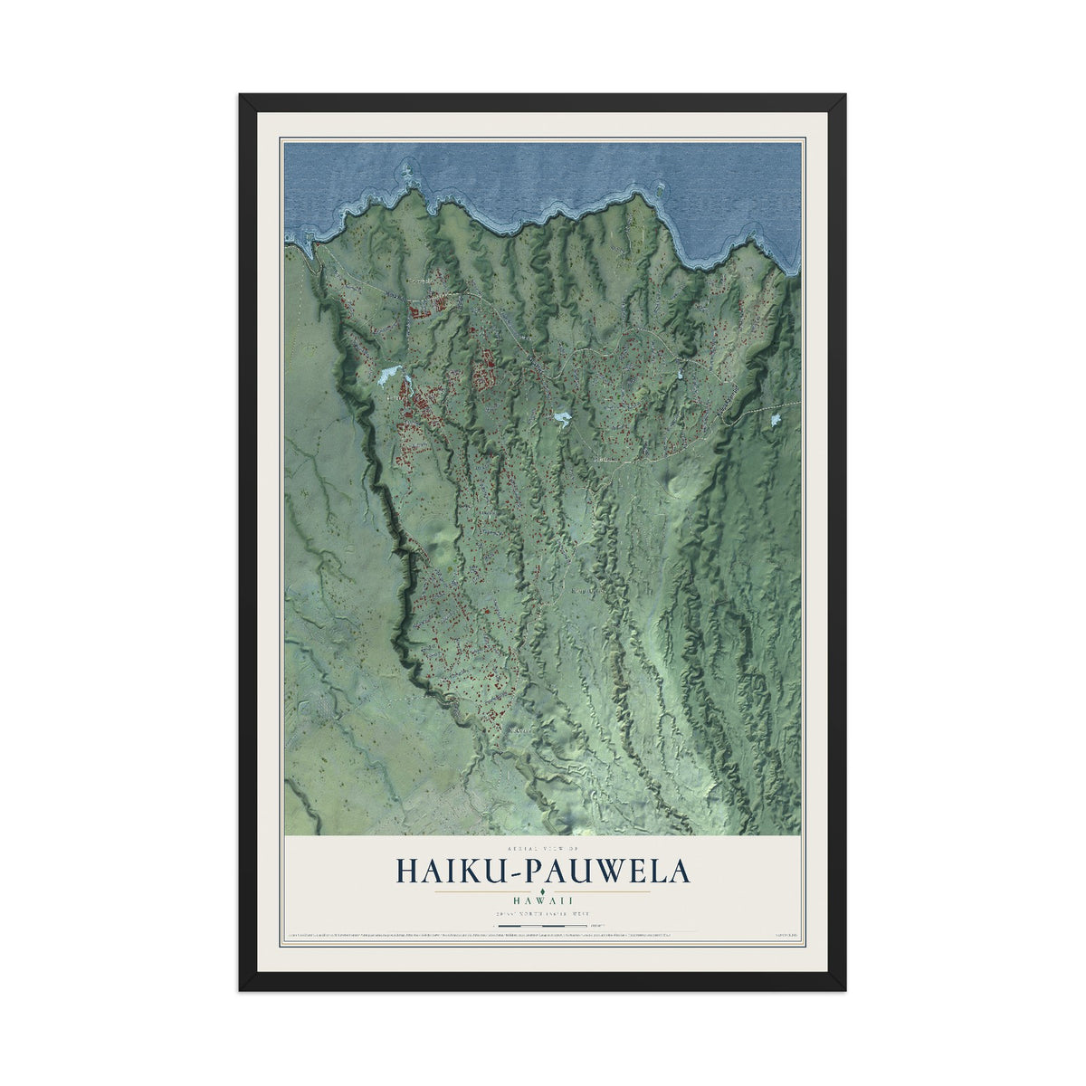 Map of Haiku-Pauwela, Hawaii, 12 x 18 inch print in a black wood frame