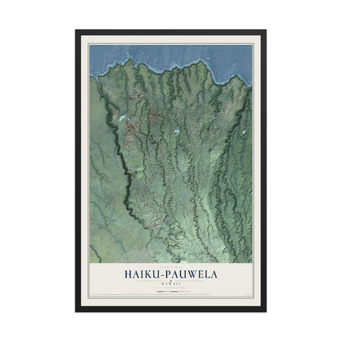 Map of Haiku-Pauwela, Hawaii, 12 x 18 inch print in a black wood frame