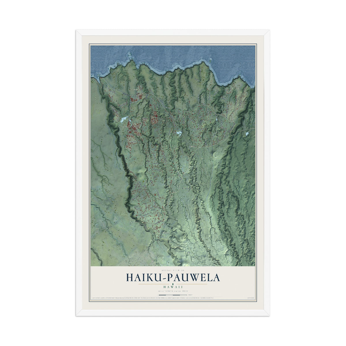 Map of Haiku-Pauwela, Hawaii, 12 x 18 inch print in a white wood frame