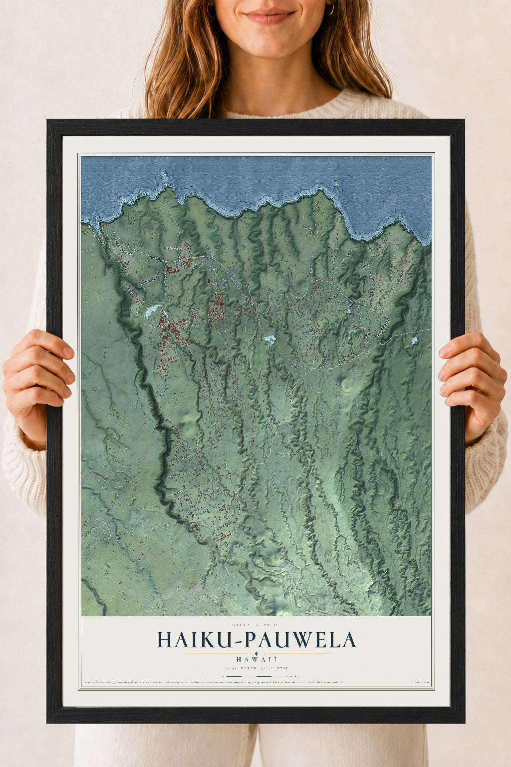 Map of Haiku-Pauwela, Hawaii, 18 x 24 inch print in a black wood frame