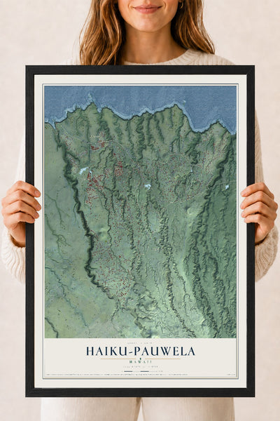 Map of Haiku-Pauwela, Hawaii, 18 x 24 inch print in a black wood frame