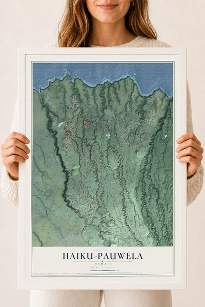 Map of Haiku-Pauwela, Hawaii, 18 x 24 inch print in a white wood frame