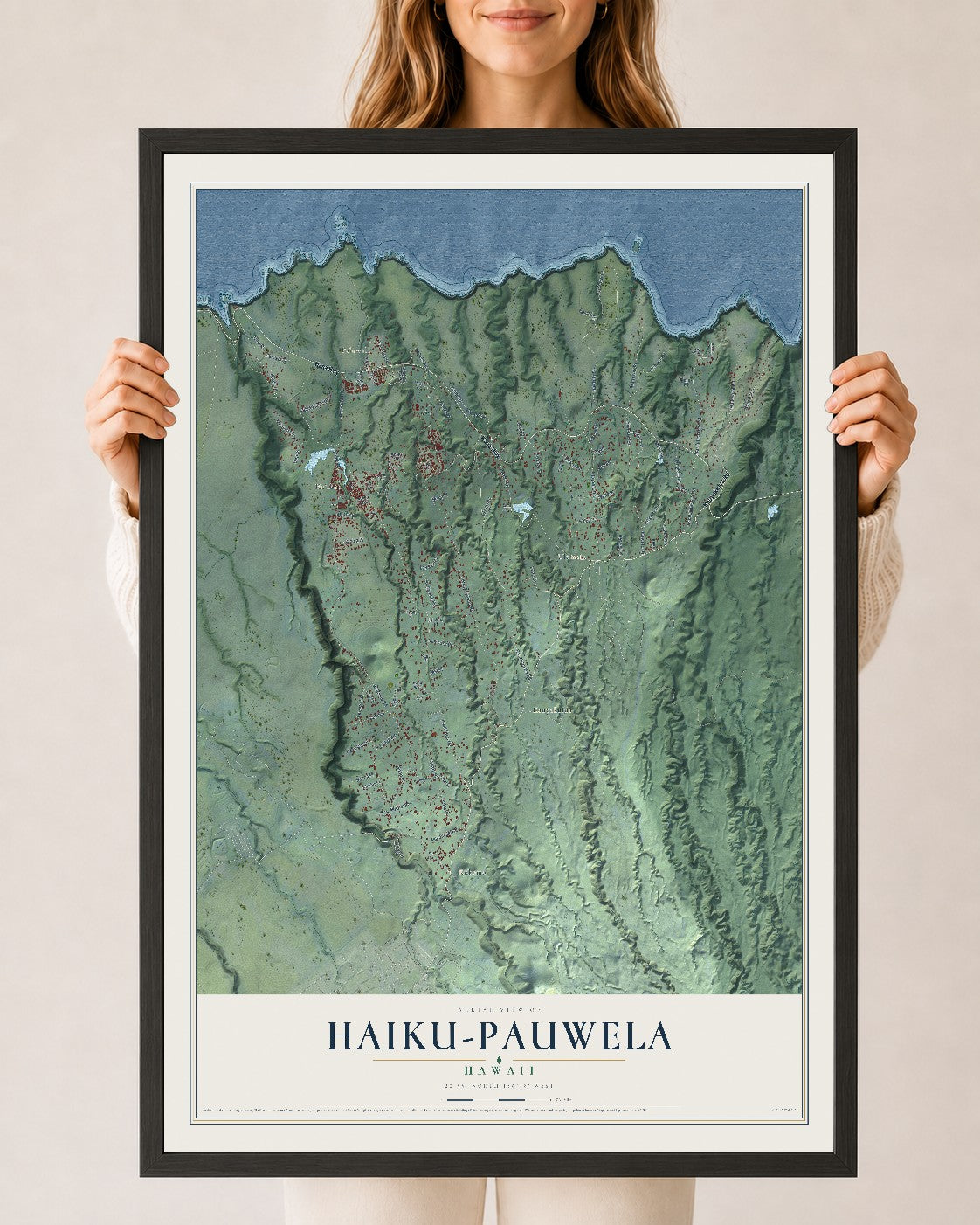 Map of Haiku-Pauwela, Hawaii, 24 x 36 inch print in a black wood frame