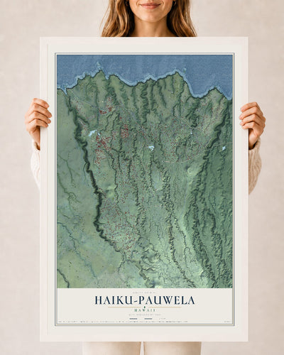 Map of Haiku-Pauwela, Hawaii, 24 x 36 inch print in a white wood frame