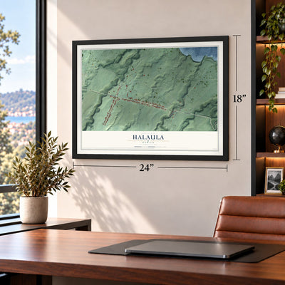 Halaula, Hawaii map, 18 x 24 inch print in a black frame in a home office