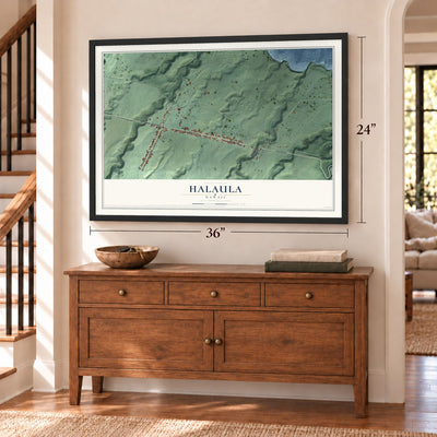 Halaula, Hawaii map, 24 x 36 inch print in a black frame above a dresser by a staircase