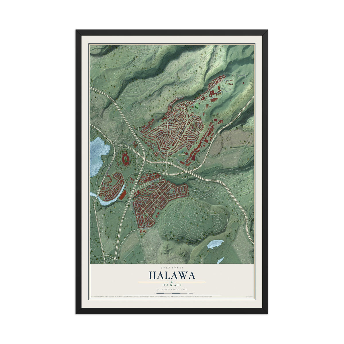 Map of Halawa, Hawaii, 12 x 18 inch print in a black wood frame