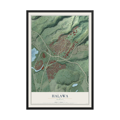 Map of Halawa, Hawaii, 12 x 18 inch print in a black wood frame