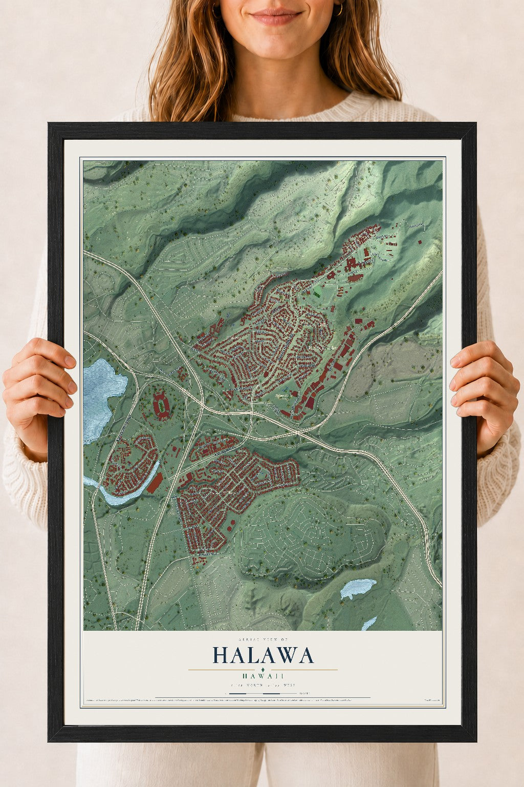 Map of Halawa, Hawaii, 18 x 24 inch print in a black wood frame