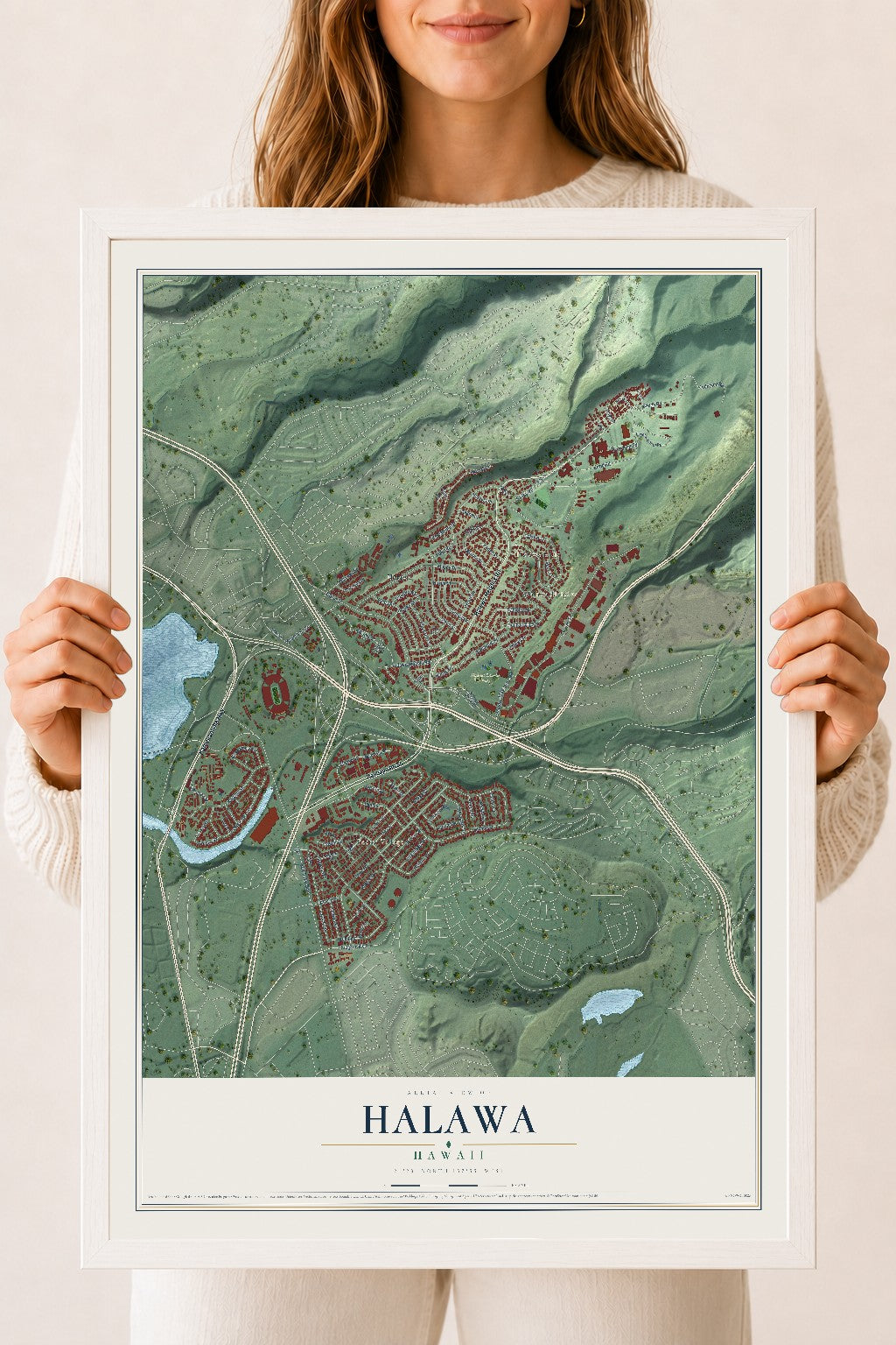Map of Halawa, Hawaii, 18 x 24 inch print in a white wood frame
