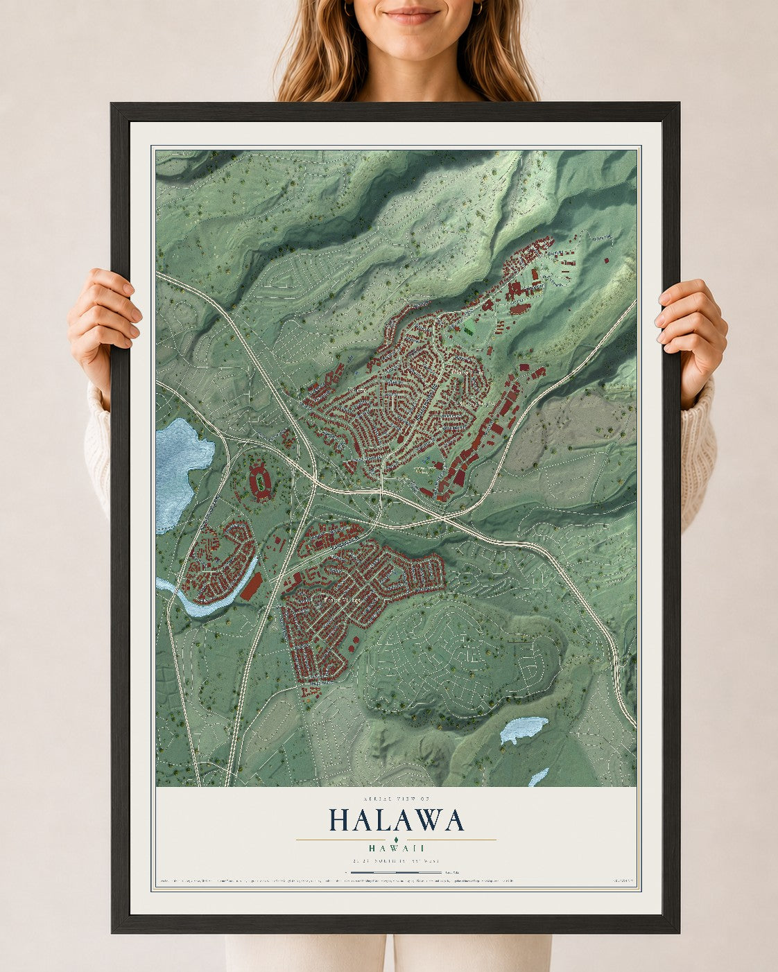 Map of Halawa, Hawaii, 24 x 36 inch print in a black wood frame